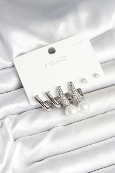 Pirinç Gümüş Renk İncili 925 Ayar Gümüş Çivi Kadın Küpe Seti ürün görseli