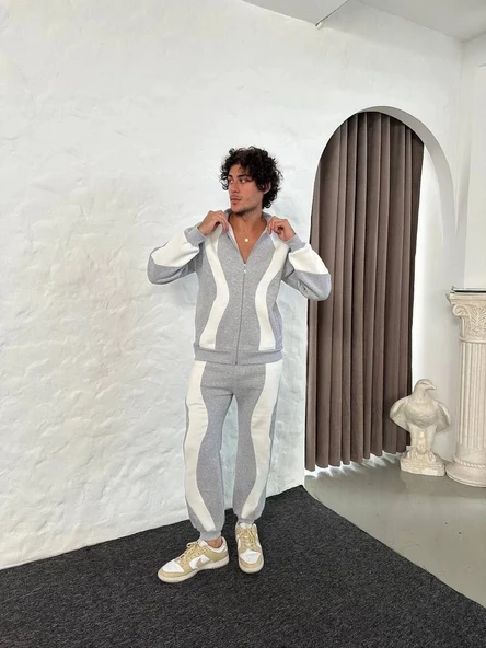 Erkek Premium Parçalı Eşofman Takım - Dik Yaka Fermuarlı Sweatshirt, - Gri - Resim 5