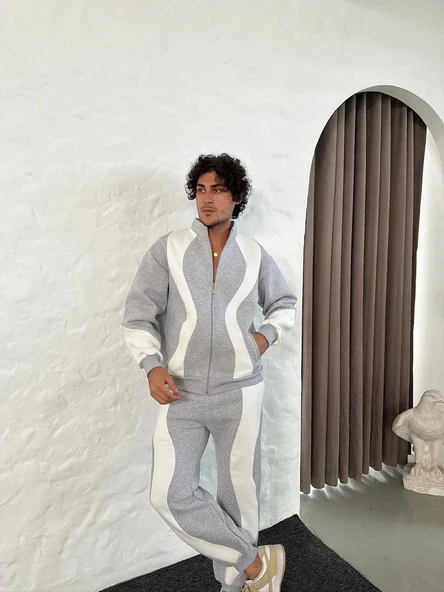 Erkek Premium Parçalı Eşofman Takım - Dik Yaka Fermuarlı Sweatshirt, - Gri - Resim 2
