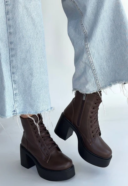 Pabucmarketi Kahverengi Fermuarlı Kadın Topuklu Bot - Resim 3