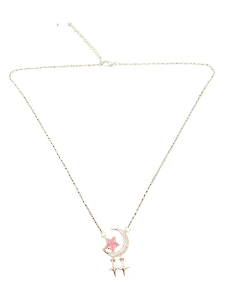 Gümüş Renk Ay ve Yıldız Figürlü 316L Çelik Kolye | Pembe Taş Detaylı Şık ve Anlamlı Hediye ürün görseli 1