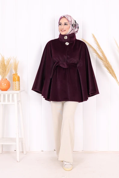 Düğme Detaylı Panço 70060 Mor - 2
