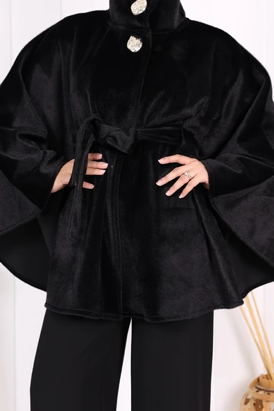 Düğme Detaylı Panço 70060 Siyah - Resim 8