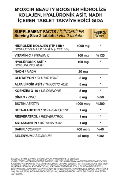 Bioxcin Beauty Booster 60 Tablet - Kolajen Nicotinamide CoQ10 Glutatyon  Astaksantin Resveratrol Hya Asit. - Resim 2