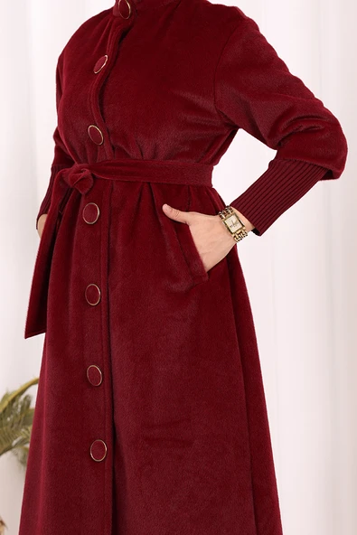 Düğme Detaylı Uzun Kaban 70048 Bordo - Resim 7