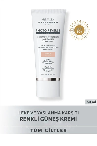 Esthederm Photo Reverse Tinted Light Beige Leke Karşıtı UVA/UVB SPF50+ Yüksek Korumalı Renkli Güneş Kremi 50ML ürün görseli