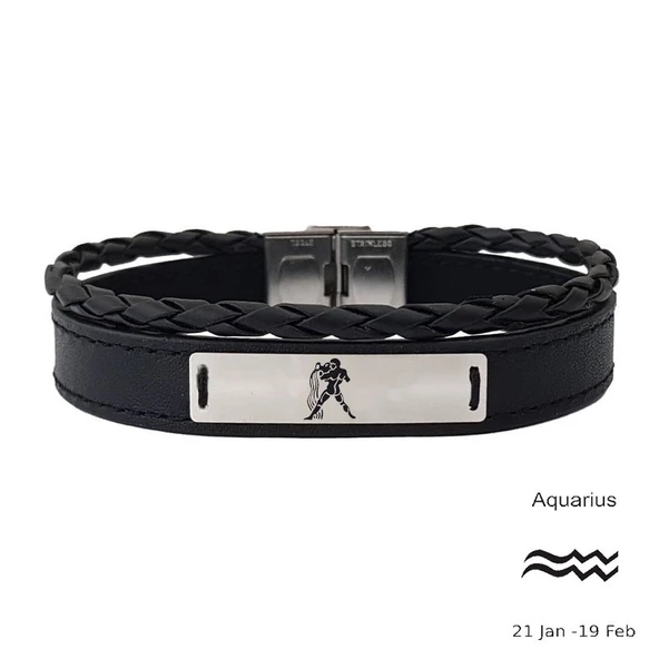 925 Ayar Gümüş Plakalı Burca Özel Hakiki Siyah Derili Dikdörtgen Figürlü Hediye Bileklik-534 ürün görseli