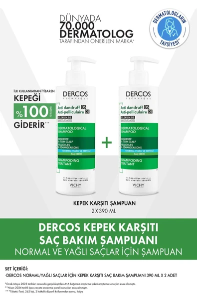 Vichy Dercos Anti-dandruff Kepek Karşıtı Şampuan Normal & Yağlı Saçlar 390 ml X 2 Adet ürün görseli 1