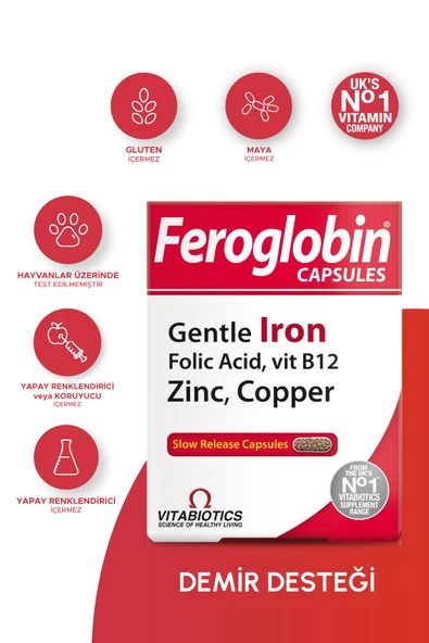 Vitabiotics Feroglobin Demir(Gentle Iron),Vitamin B12,Folik Asit,Çinko,Bakır İçeren Takviye Edici Gıda 30 Kapsül ürün görseli 1