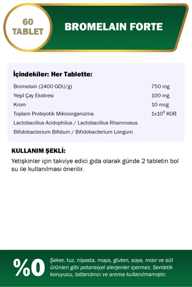Nutraxin Bromelain Forte 750 mg 60 Tablet Krom Yeşilçay Probiyotik - Resim 3