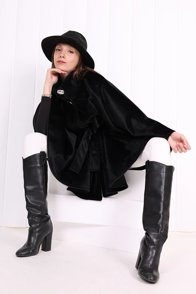 Düğme Detaylı Panço 70060 Siyah - Resim 2