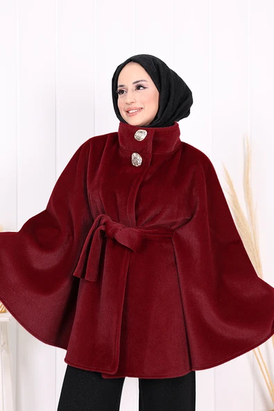 Düğme Detaylı Panço 70060 Bordo - 7