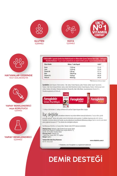 Vitabiotics Feroglobin Demir(Gentle Iron),Vitamin B12,Folik Asit,Çinko,Bakır İçeren Takviye Edici Gıda 30 Kapsül - Resim 2