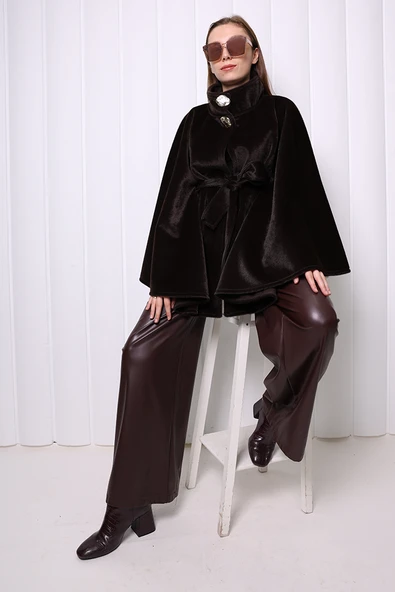 Düğme Detaylı Panço 70060 Koyu Kahve - Resim 2