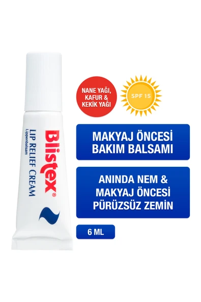 Lip Relief Cream 6ml - Dudak Bakım Kremi & Ruj Öncesi Balsam – Nem, Pürüzsüzlük, Spf15
