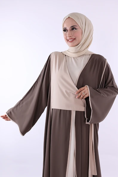 Önden Bağlama Detaylı Abaya 70005 Vizon - Resim 4