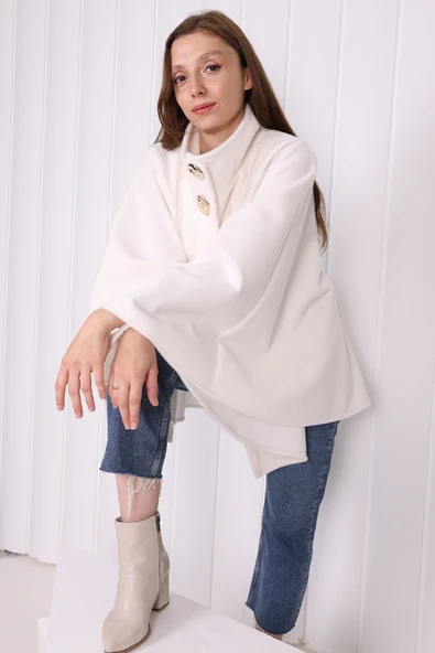 Düğme Detaylı Panço 70060 Ekru - Resim 2