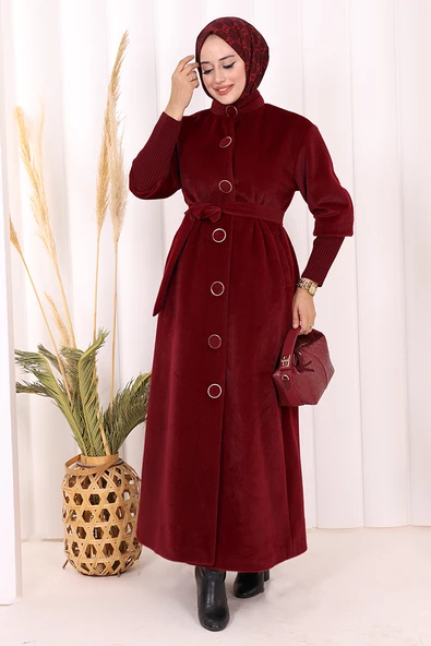 Düğme Detaylı Uzun Kaban 70048 Bordo - Resim 2