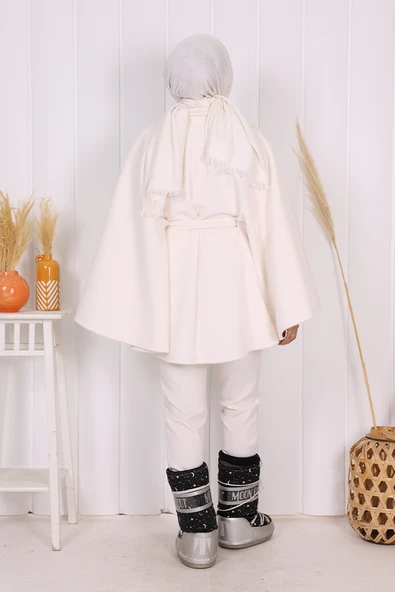 Düğme Detaylı Panço 70060 Ekru - Resim 8