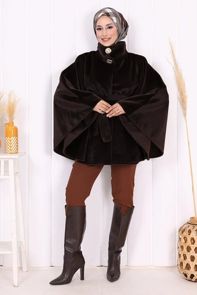 Düğme Detaylı Panço 70060 Koyu Kahve - Resim 3