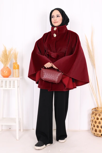 Düğme Detaylı Panço 70060 Bordo - 4