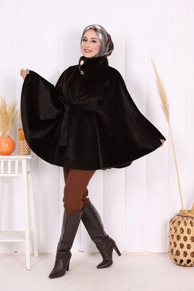 Düğme Detaylı Panço 70060 Koyu Kahve - Resim 4