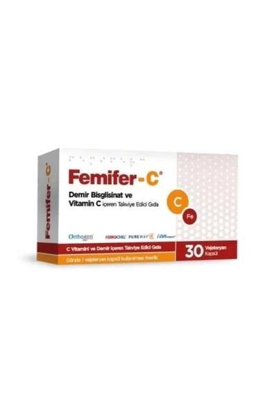 Orthogen Femifer-C Demir Bisglisinat Ve Vitamin C İçeren Takviye Edici Gıda 30 Vejeteryan Kapsül ürün görseli 1