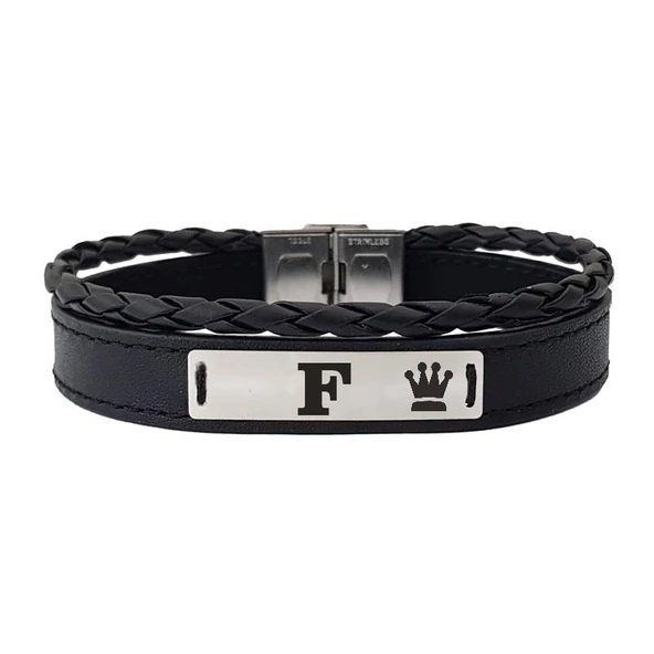 925 Ayar Gümüş Plakalı Harfe Özel Taç Motifli Hakiki Siyah Derili Hediye Bileklik-535 ürün görseli