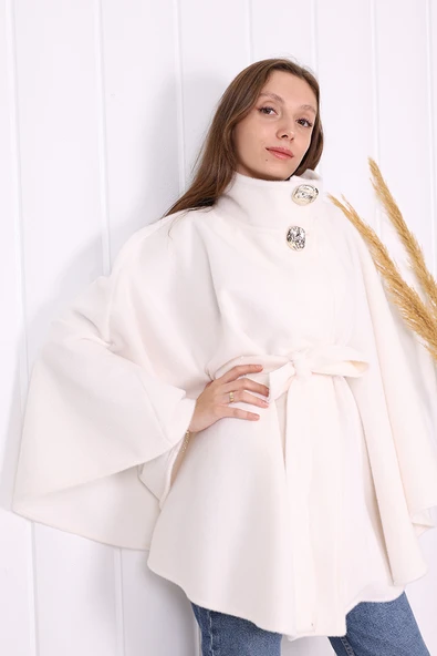 Düğme Detaylı Panço 70060 Ekru - Resim 5