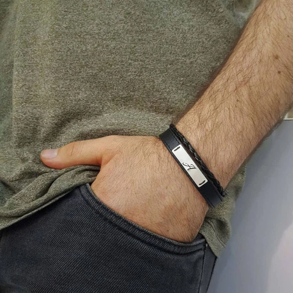 925 Ayar Gümüş Plakalı Harfe Özel Dikdörtgen Figürlü Hakiki Siyah Derili Hediye Bileklik-534 - Resim 2