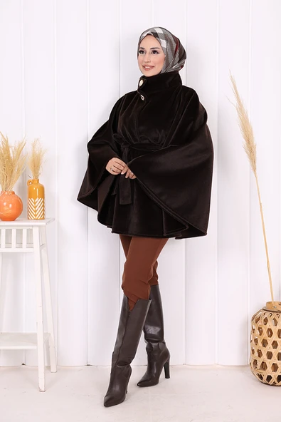 Düğme Detaylı Panço 70060 Koyu Kahve - Resim 6