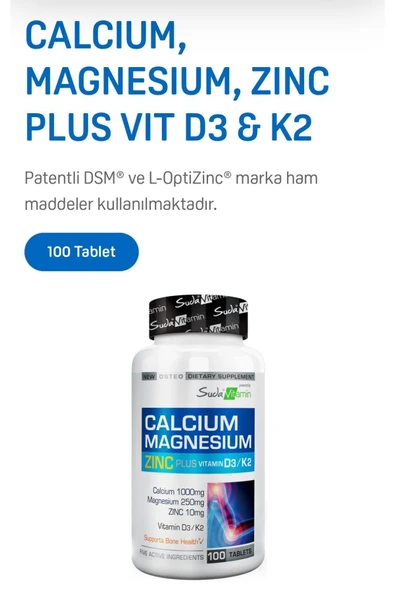 Suda Kalsiyum Magnezyum Çinko D3&K2 İçeren, Kas ve Kemik Sağlığı Destekleyici 100 Tablet - Resim 2