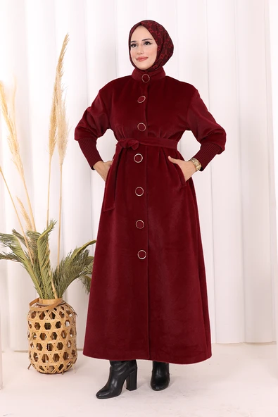 Düğme Detaylı Uzun Kaban 70048 Bordo - Resim 3