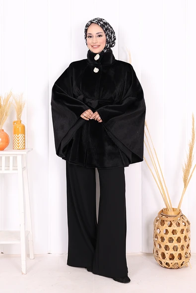 Düğme Detaylı Panço 70060 Siyah - Resim 3