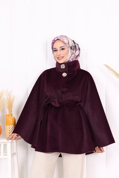 Düğme Detaylı Panço 70060 Mor - 7