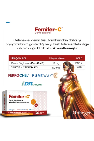 Orthogen Femifer-C Demir Bisglisinat Ve Vitamin C İçeren Takviye Edici Gıda 30 Vejeteryan Kapsül - Resim 3