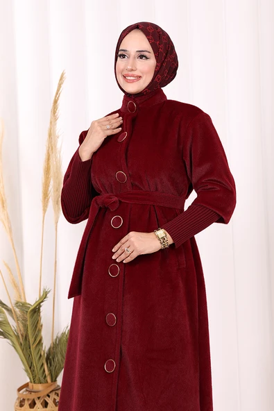 Düğme Detaylı Uzun Kaban 70048 Bordo - Resim 6