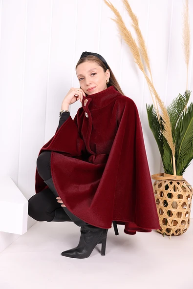 Düğme Detaylı Panço 70060 Bordo - 9
