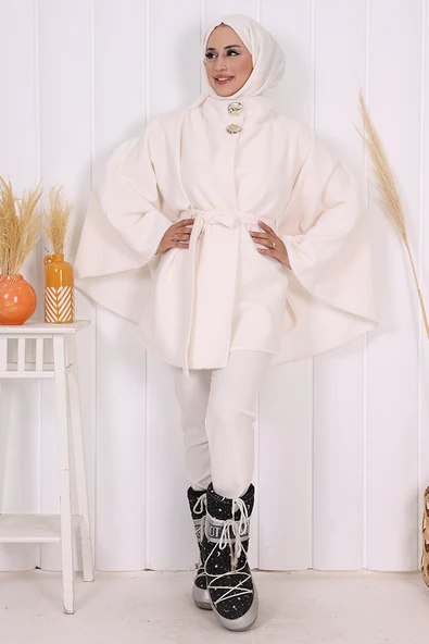 Düğme Detaylı Panço 70060 Ekru - Resim 3