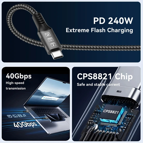 Plentiful Usb 4.0 Çift Taraflı Type-c 240W 40 GBPS 8k 60Hz  Data Aktarım ,Type-C Hızlı Şarj  1Mt - 6