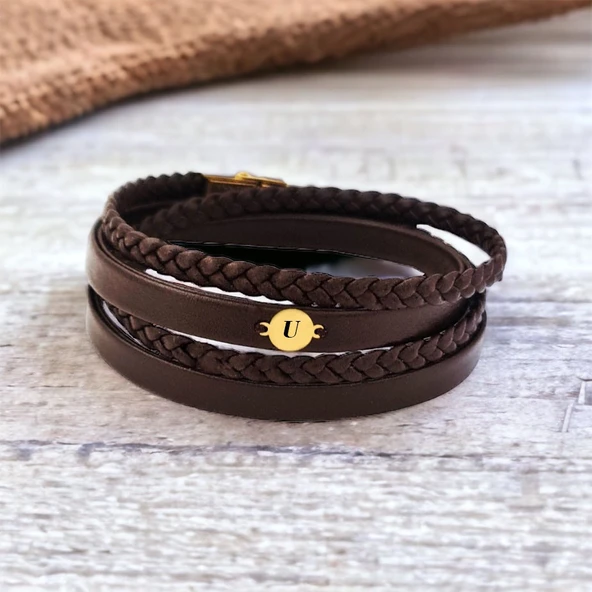 14 Ayar Altın Plakalı Harfe Özel Hakiki Kahverengi Derili Yuvarlak Motifli Hediye Bileklik-533 ürün görseli