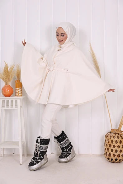 Düğme Detaylı Panço 70060 Ekru - Resim 6