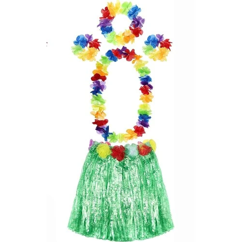 Yetişkin ve Çocuk Uyumlu Luau Aloha Hawaii Yeşil Etek ve Renkli Kolye Taç 2 Adet Bileklik Seti - 1