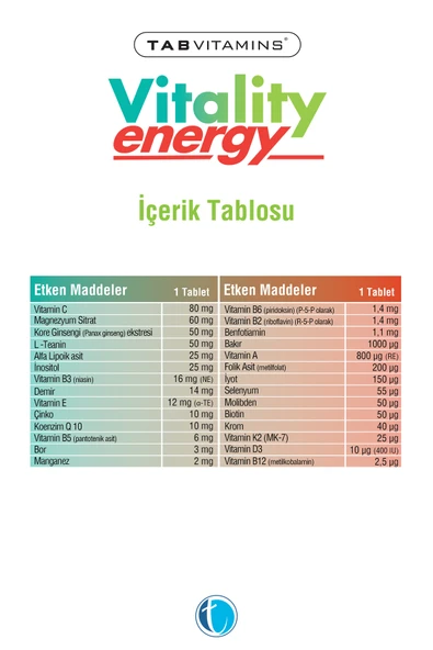 Tab İlaç Vitality Energy 30 Tablet Multivitamin Multimineral - Resim 2