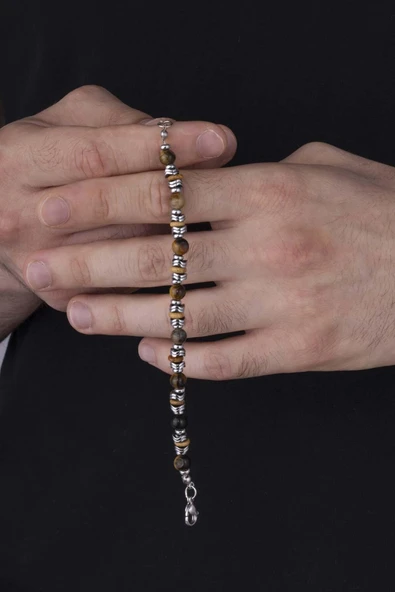 Gümüş Pazarım Hematit Geçişli Kaplan Gözü Doğal Taş Erkek Bileklik - Resim 2