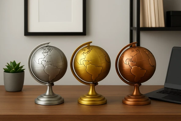 Ofisinize 3 Lü Metal Dünya Seti Masaüstü Dekorasyonu Dünya Küresi Ofis ve Ev Masaüstü Süs 13x9 cm - Resim 2