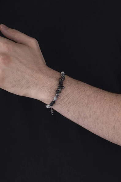 Gümüş Pazarım Lav Taşı Jasper Taşı Karışık Form Doğal Taş Erkek Bileklik - Resim 2