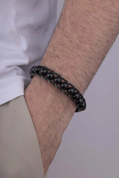 Gümüş Pazarım 10 mm Oniks Taşlı Deri Geçişli Erkek Doğal Taş Bileklik - 2