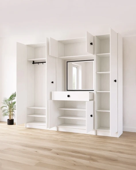 Beyaz Fonksiyonel Portmanto  Aynalı, Çekmeceli ve Dolaplı - 2