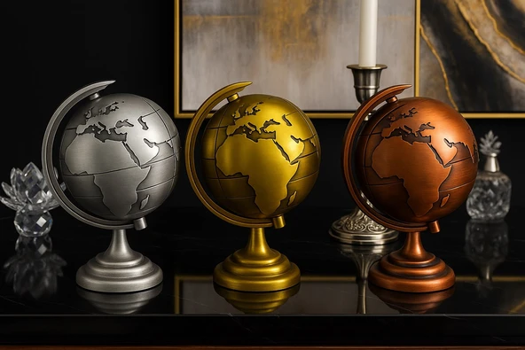 Ofisinize 3 Lü Metal Dünya Seti Masaüstü Dekorasyonu Dünya Küresi Ofis ve Ev Masaüstü Süs 13x9 cm ürün görseli 1